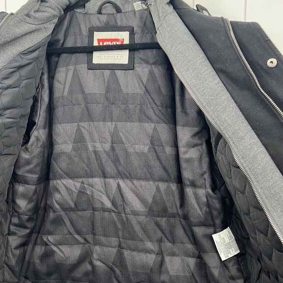 Levi’s Wool Double Zip Hooded Coat Black Gray Quilted W/Pockets Cinch Hood Large - Picture 9 of 14